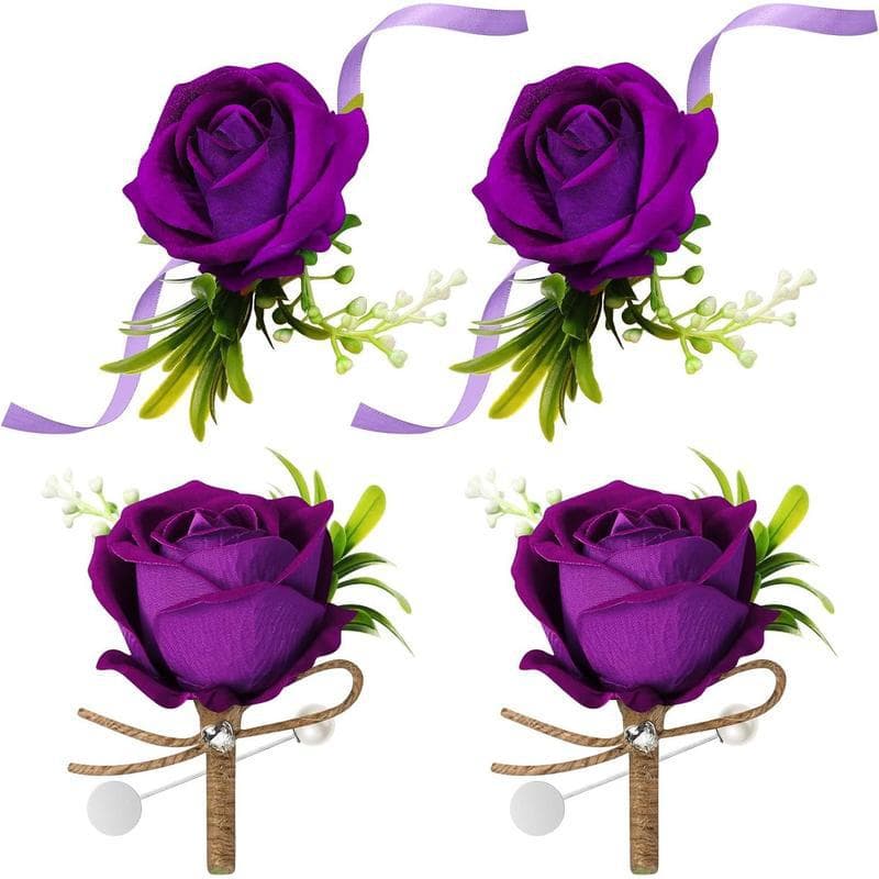 4 Counts Wedding Party Corsage and Boutonniere Set 2 Rose