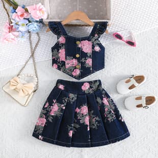 2026 Girls Summer Denim Set Sweet Floral Print Camisole Top + Pleated Skirt