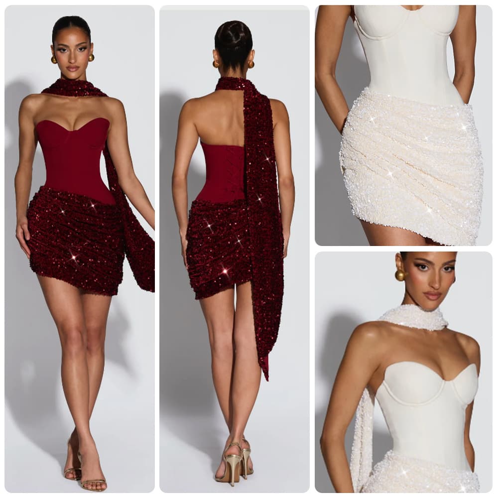 European-American Strapless Short Evening Dress Sequin Simple Design Slim Fit Bodycon Dress Amazon Elegant Backless Dress