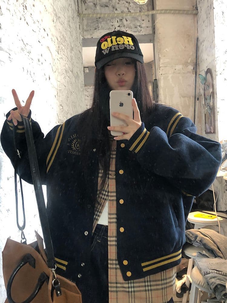 Academic style American retro baseball jacket women's spring and autumn versatile loose embroidered couple woolen jacket top