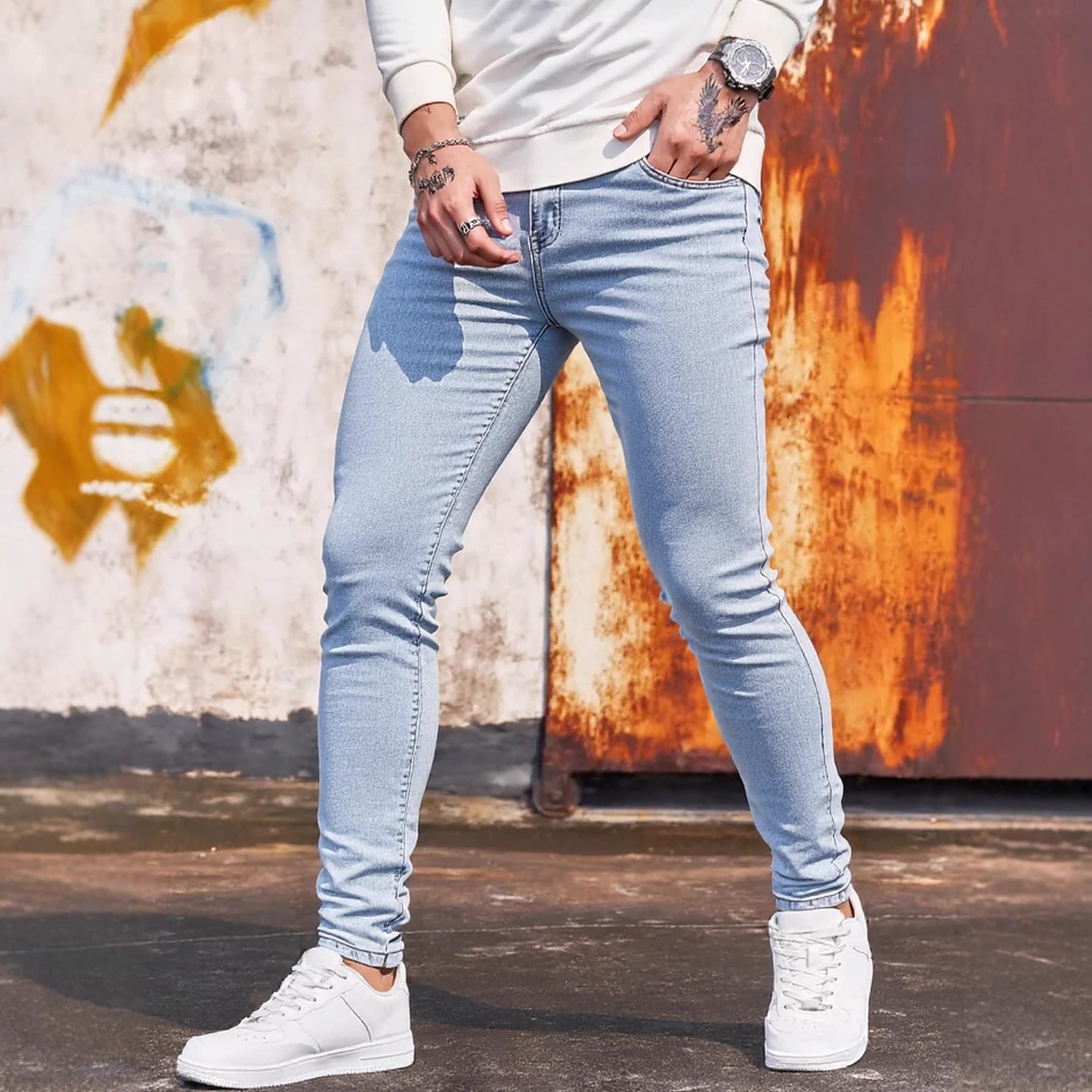 Temu AliExpress European and American men's blue golden high street fashion brand ripped small feet slim men's jeans trousers