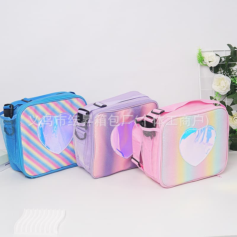 Glitter laser toiletry handbag with rainbow stripe insulated lunch single-compartment bag, outdoor waterproof portable.