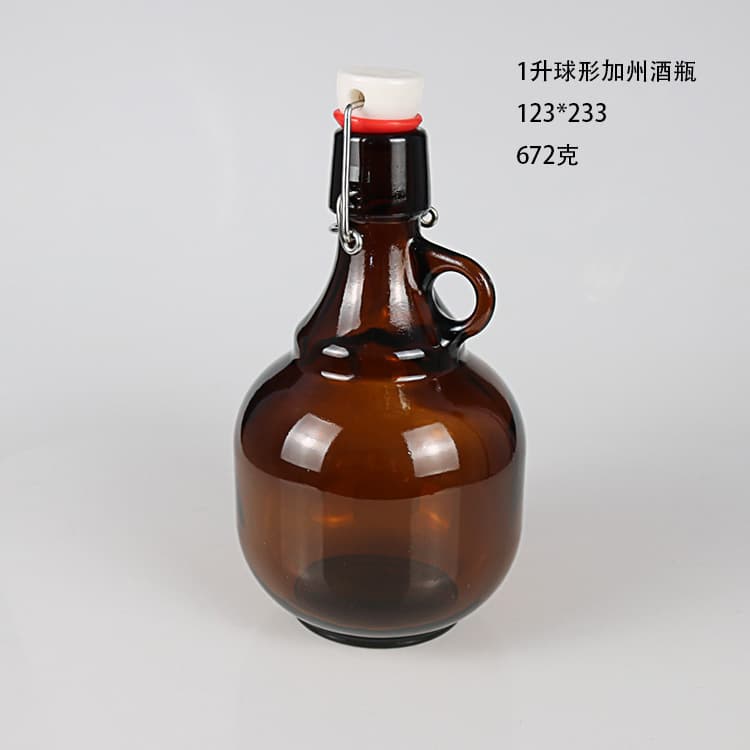 Factory supply tea brown 1L 2L snap lid bottle with handle large belly California wine bottle creative glass bottle for dispensing