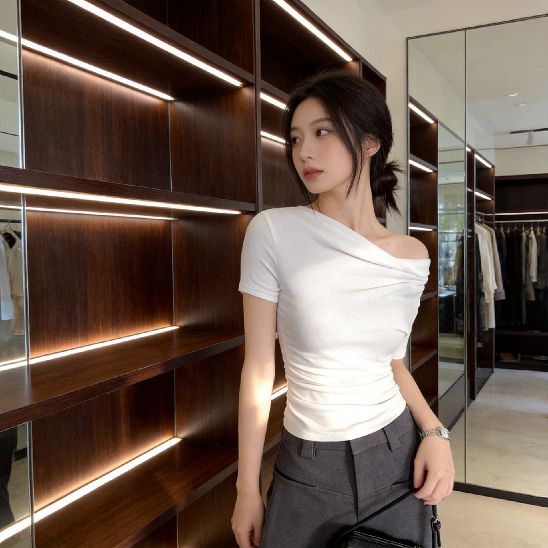White Layered Shoulder Short Sleeve T-Shirt for Women Summer New Slim Fit Waist-Cinching Base Top with Pure Desire Asymmetrical Neckline