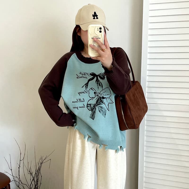 Plus Size Round Neck Contrast Raglan Sleeve Top Fringe Sweater 2025 Winter Fat mm Printed Knitwear 23182