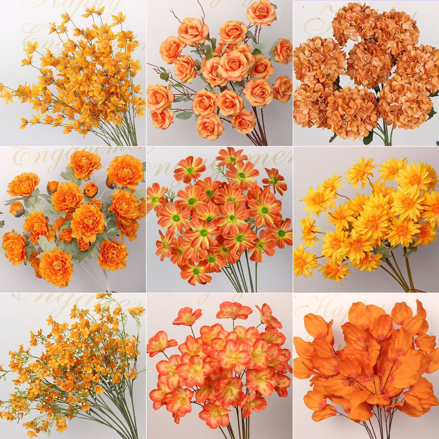Orange Artificial Flowers, Orange Ranunculus Hydrangea Mist Orchid Floral Arrangement Materials, Wedding Silk Flowers Orange Series