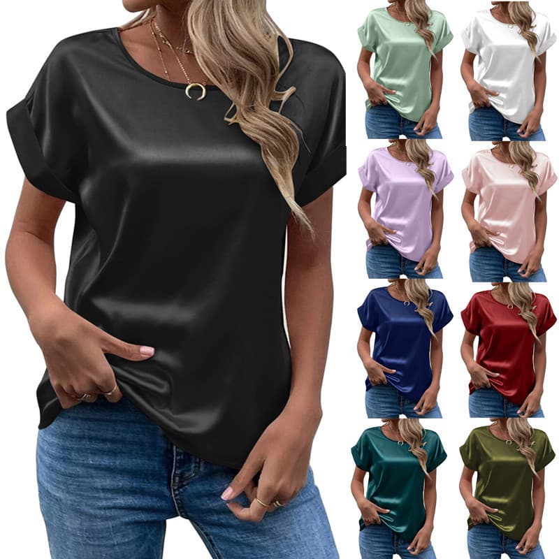 2026 Amazon Spring Summer New Women's Short Sleeve Satin Blouse Loose Casual Round Neck Satin T-Shirt for Women