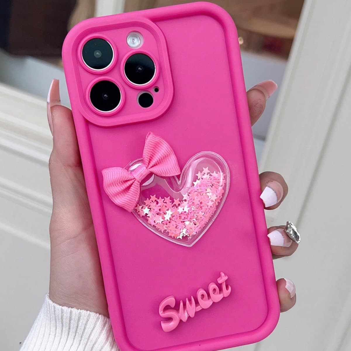 Rose Bow Sequins Liquid Sand Case for iPhone 16 Pro, 15 Pro, Apple 14, 13, 12, 11 Full Coverage