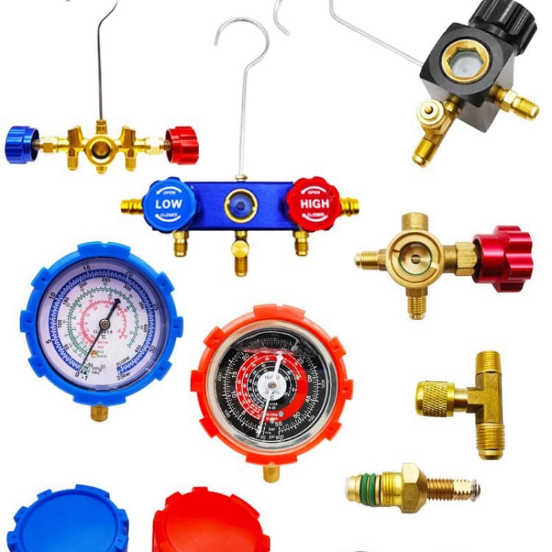 Shut-off valve, three-way valve, charging manifold gauge cover, pressure gauge, visual air conditioning refrigerant sight glass, exhaust valve, valve core liquid