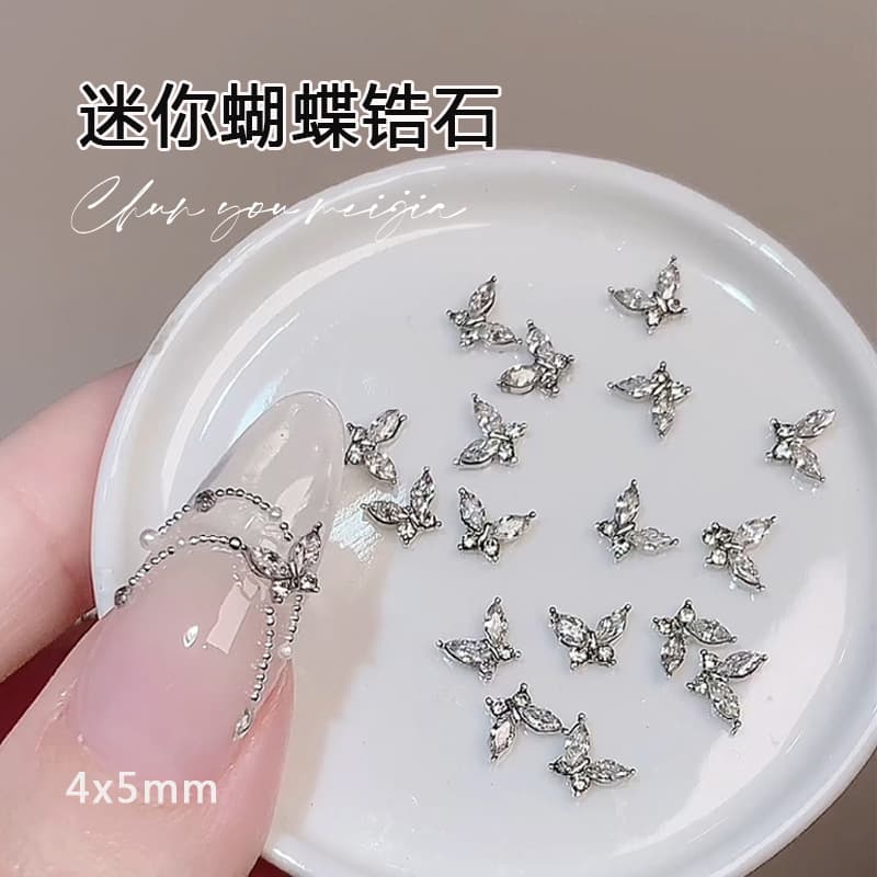 Mini Butterfly Nail Art Accessories Zircon Nail Rhinestones Luxury Ultra-Shiny Alloy Silver Metal Wholesale Iridescent