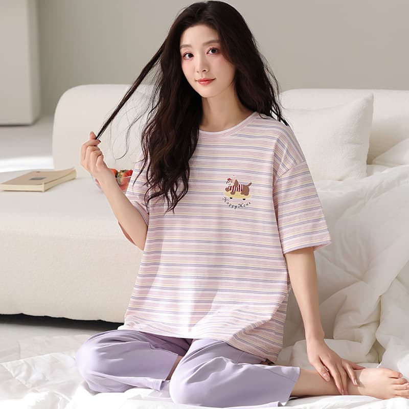 100% Cotton Short Sleeve Capri Pajama Set for Women Summer Spring Loungewear Simple Wear-Out Loose Fit