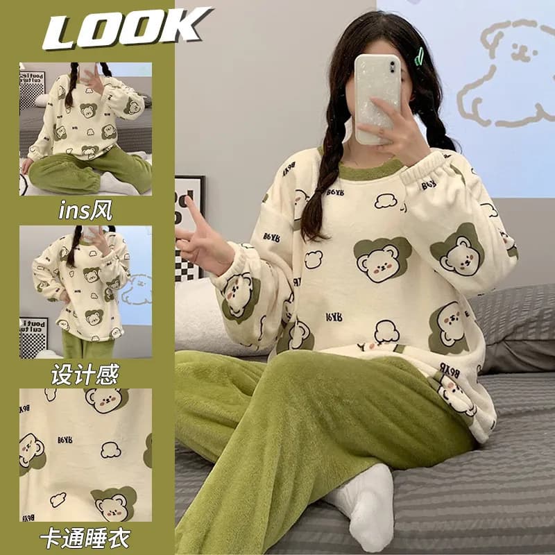 Pajamas for women autumn and winter coral velvet cute and sweet thickened velvet flannel winter student home clothes set