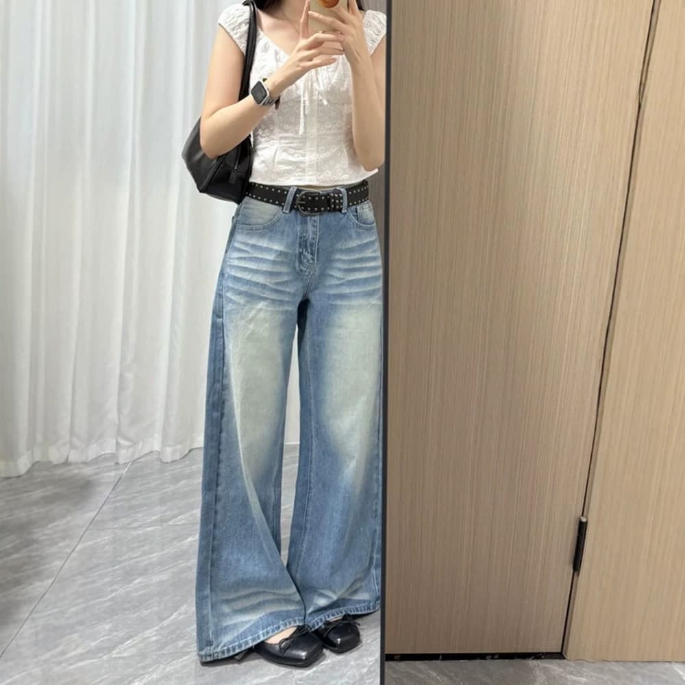 Washed light-colored wide-leg floor-length jeans for women, ins trendy new high-waisted, loose, slimming and drapey trousers for women