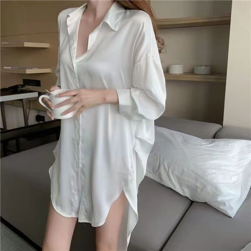 Boyfriend Style Shirt Sexy Sleepwear Women's Summer V-Nightgown Pure Style Ice Silk Satin 2026 New Sleepwear