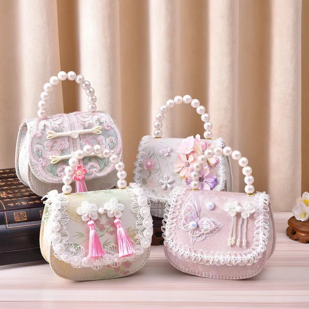 Children's Bags Ancient Style Little Girls Coin Purse Little Princess Pearl Handbag Bag Storage Wallet Pearl Accessories