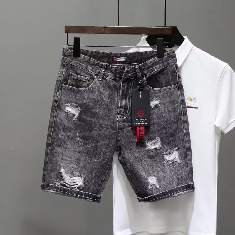 Smoke gray denim shorts men trendy brand embroidered internet-famous pants summer Korean style five-seventh men's shorts youth 2025 popular