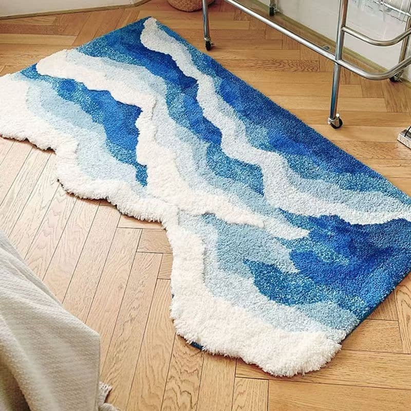 Wave Carpet Nordic Bedside Rug Flocked Non-Slip Blue Irregular Shape Living Room Bedroom Floor Mat
