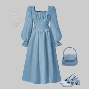 Girls' Dress, European-American Children's Clothing, Spring 2026 New French Square Neck Long Sleeve Fitted Elegant Midi Dress