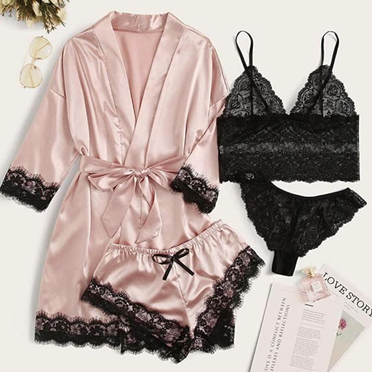Women's Lace Sleepwear Set Four-Piece Sexy Home Clothes Plus Size Comfortable Underwear Short Exposed Transparent Design