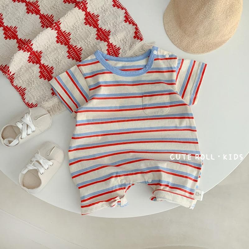 Infant New 2025 Summer Bodysuit Baby Boys Girls Korean Colorful Striped Short Romper Thin Outing Wear