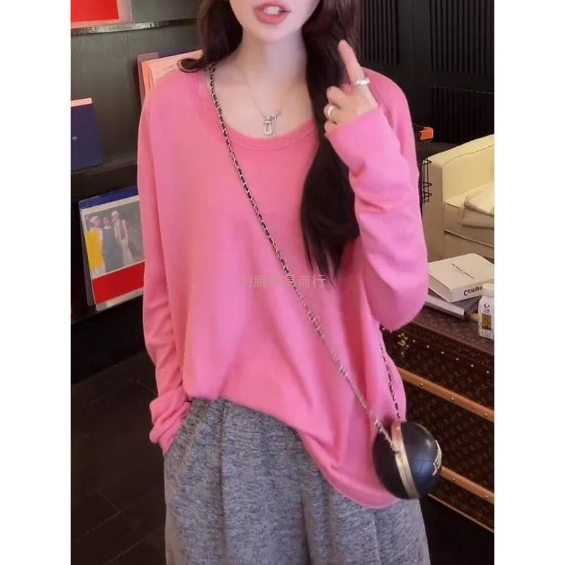 Pink long-sleeved knit top for plus sizes, 2025 new style, thin and loose fit for early spring.