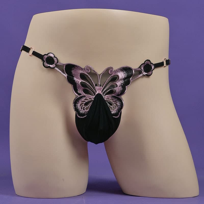 Men's Sexy Thong with JJ Cover Butterfly Embroidery Adjustable Fun Low-Rise Style Large Size Gun-Bullet Separation Underwear