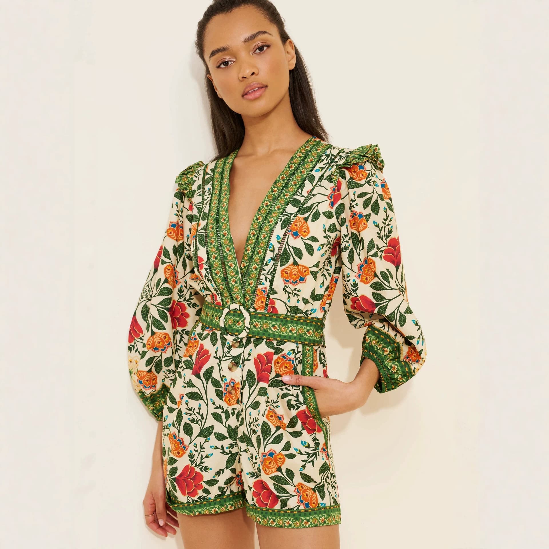 European and American cross-border popular printed jumpsuit V-neck bubble three-quarter sleeve waist loose holiday floral jumpsuit