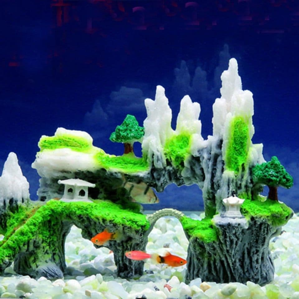 Fish Tank Artificial Mountain Decorations, Aquarium Landscaping Aquatic Plant Kits, Imitation Bridges and Fake Rocks in Various Sizes