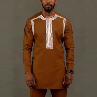 New Export Men's Set African Style Long Sleeve Round Neck Fine Embroidery Kaftan Men's 2-Piece Set