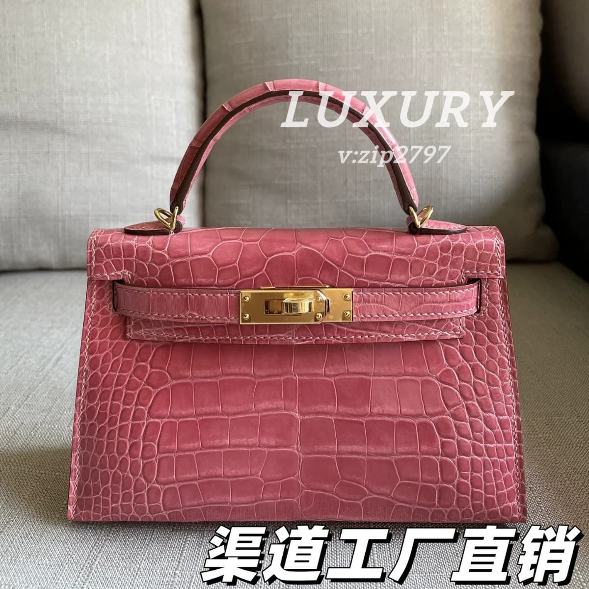 Luxury Hand-Stitched Mini Kelly II Shiny Crocodile Leather Ceramic Pink Handbag Shoulder Crossbody Bag for Women