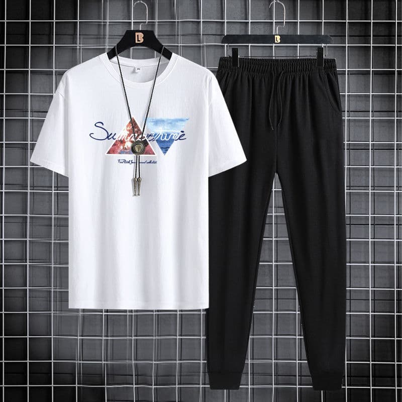 Men's Short Sleeve and Long Pants Set 2024 Youth Sports Casual Round Neck Printed Two-Piece Korean Style Casual
