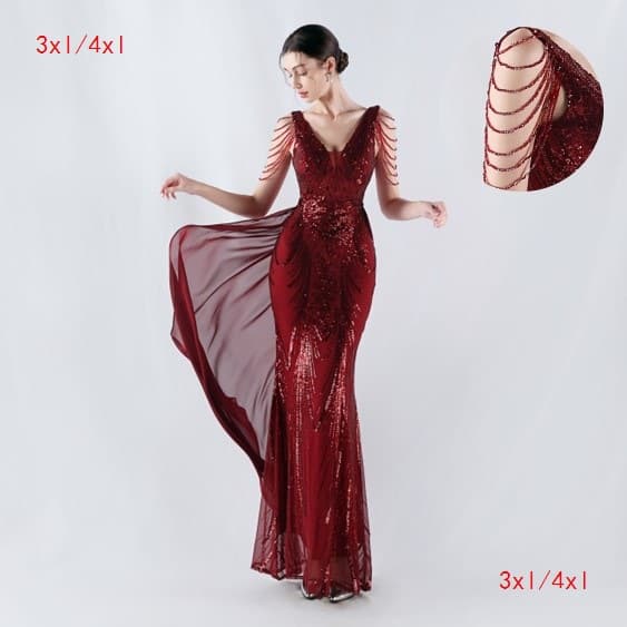 33061-S#3XL4XL Long Sequin Plus Size Performance Costume Banquet Evening Gown Dress