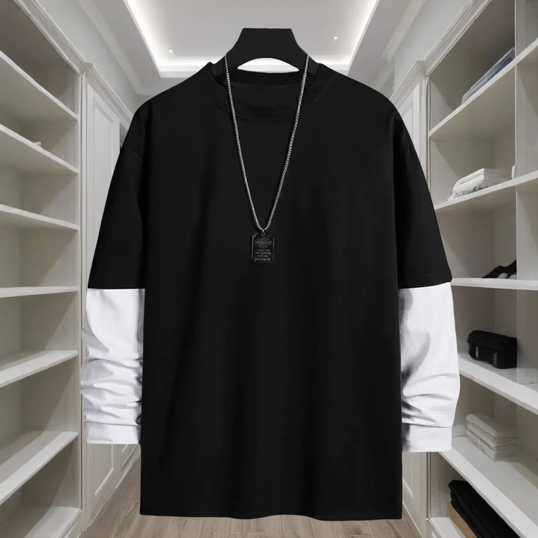 Solid Color Blank Fake Two-piece Long-sleeved T-shirt TEMU Men's TK Amazon Cross-border Street Fashion Top