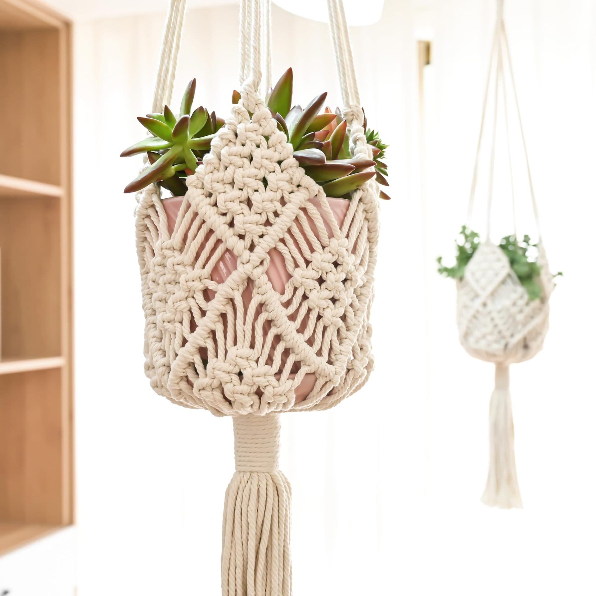 Cross-border bestseller flowerpot net sling, bohemian handwoven cotton rope hanging basket, gardening hanging sling without tassels.