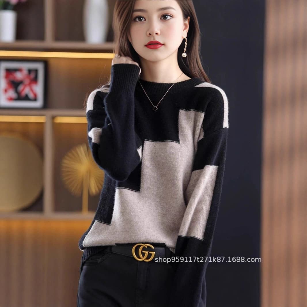 Women's Korean Color-Block Loose Fit Slim Basic Sweater, Color-Block Faux Wool Sweater, New Autumn and Winter Pullover