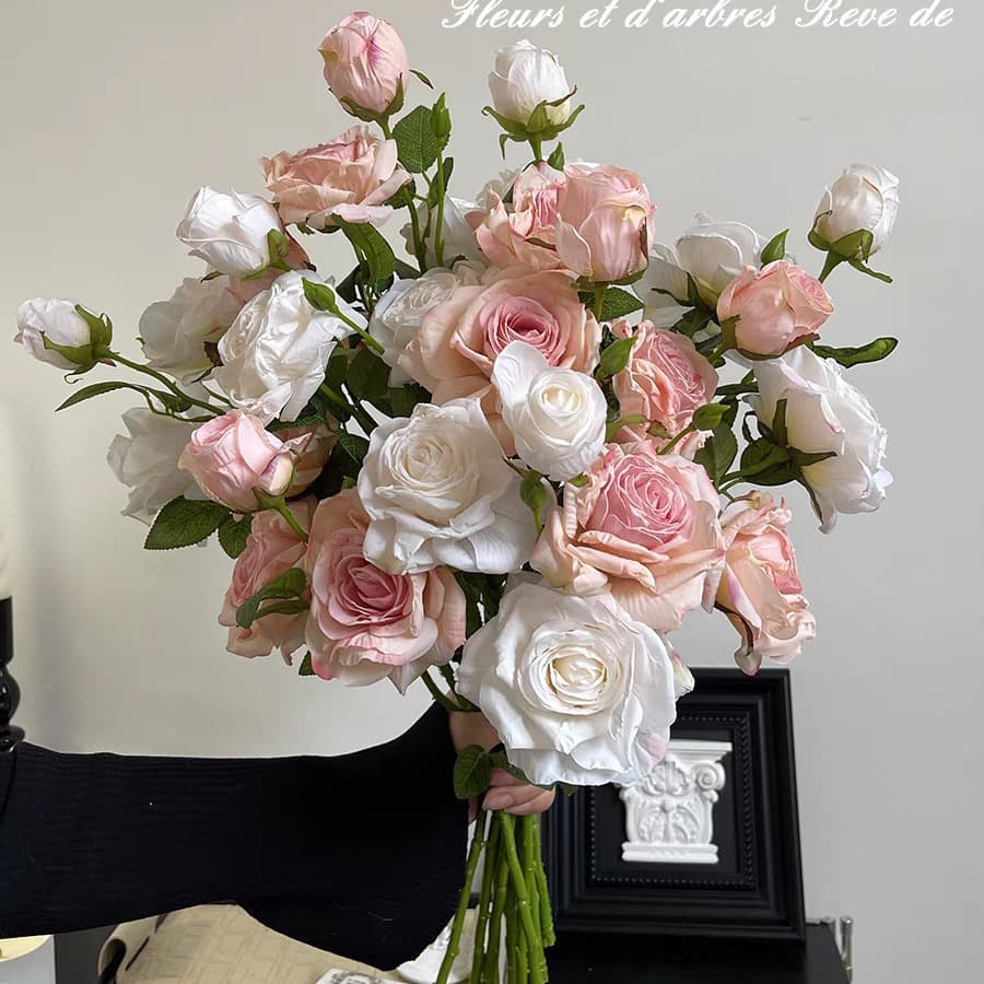 Artificial 3-Head Burnt-Edge Rose Fake Flower Silk Flower Decor Vintage Burnt-Edge Rose Living Room Ornament