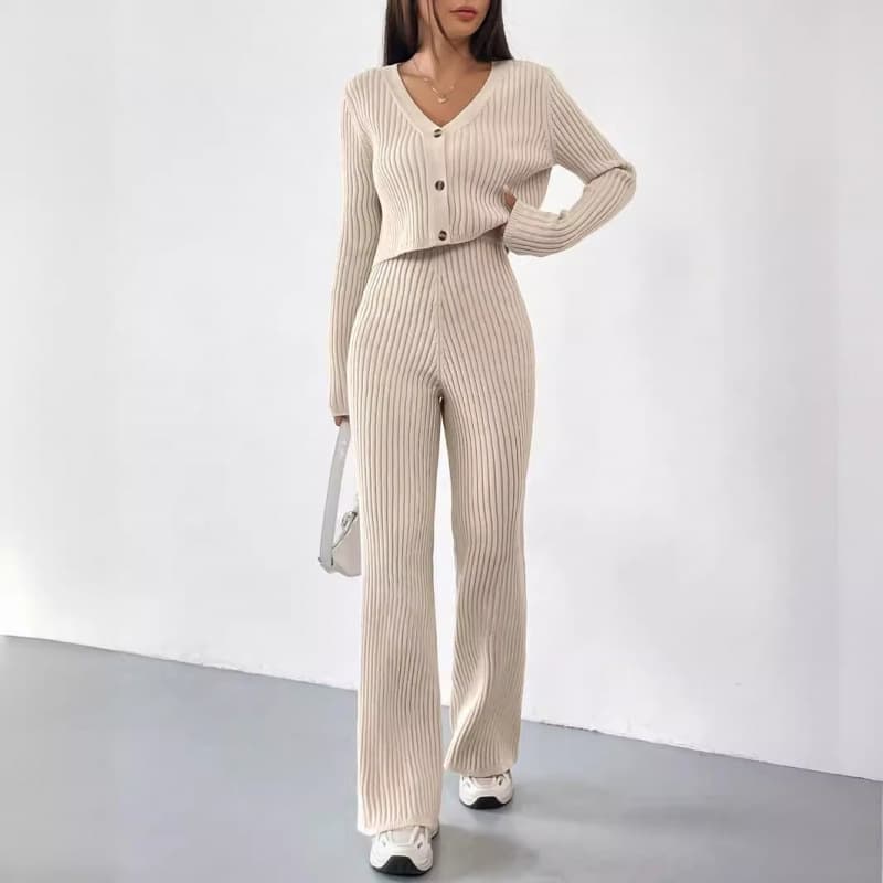 2025 Korean Solid Color Knit Two-Piece Set Women's V-Neck Short Knit Cardigan with Flared Pants Versatile Casual Women's Clothing
