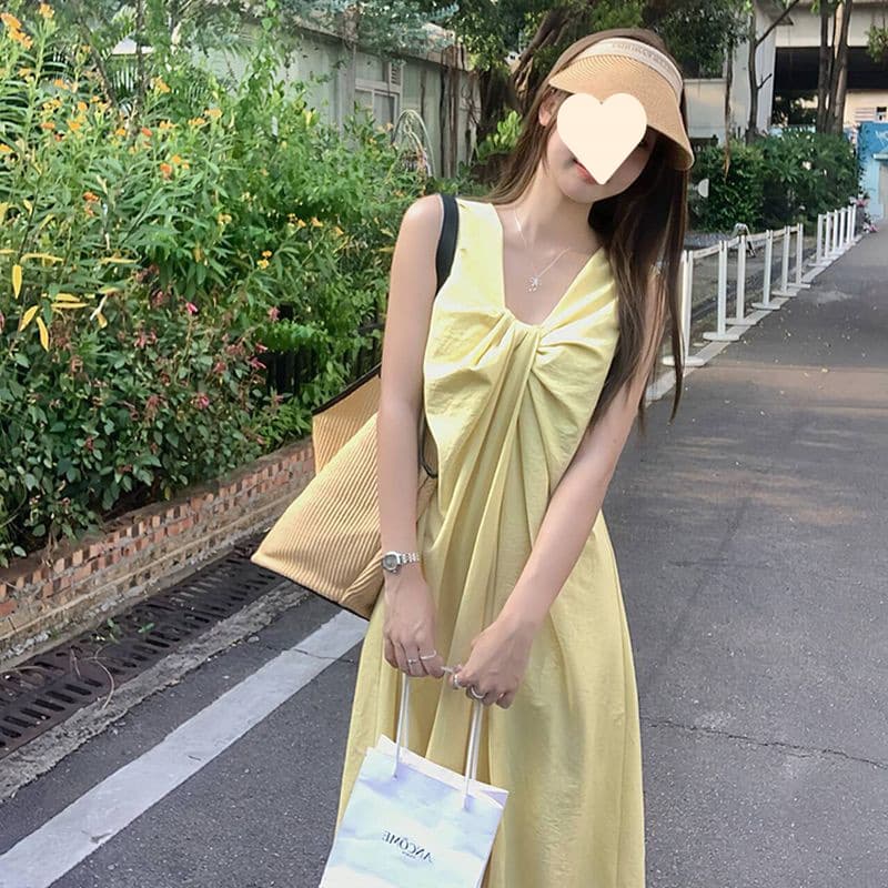 Temperament Design Knot V-Neck Sleeveless Vest Dress Women Korean Version Reversible Loose Slimming A-Line Long Dress