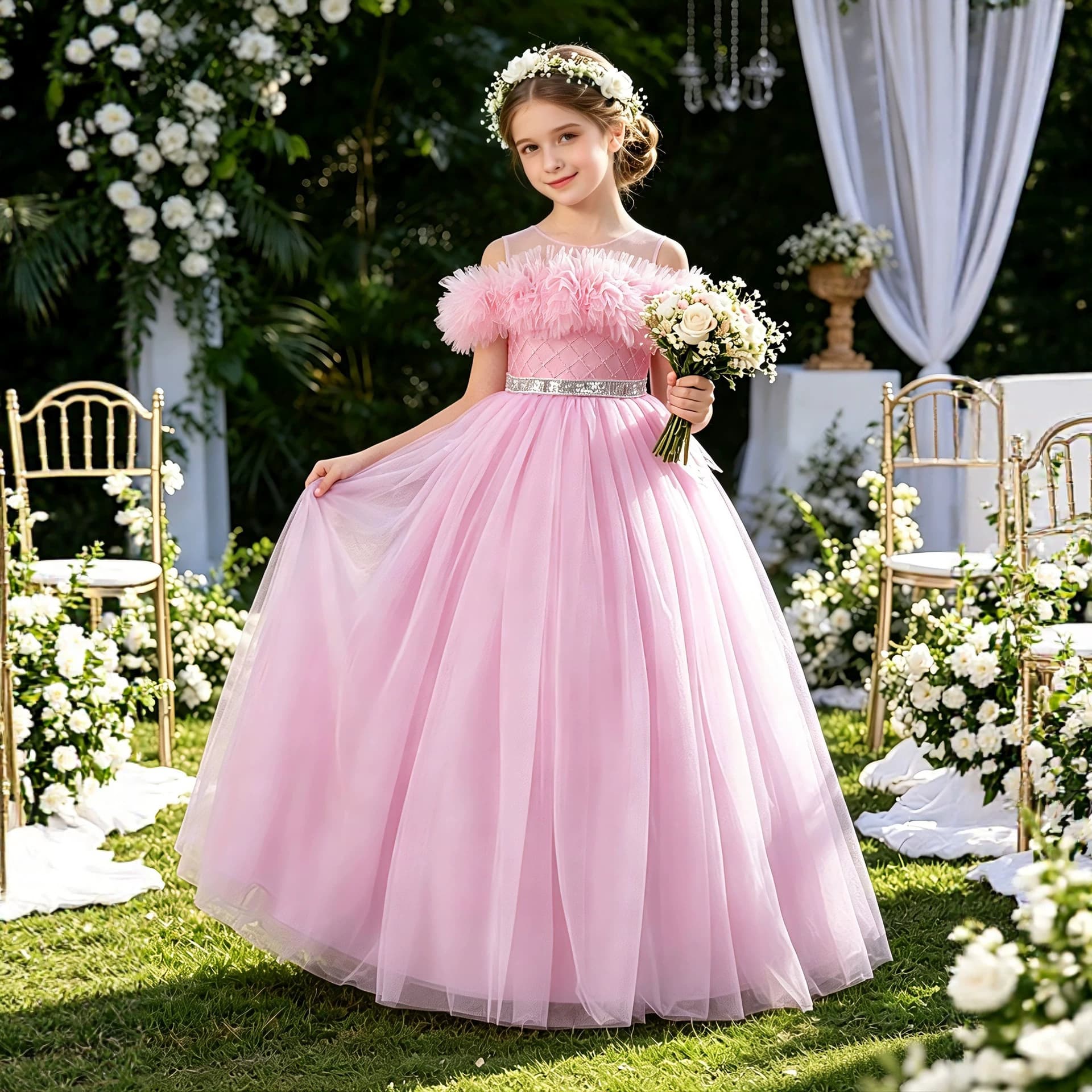 Pink girls long one-neck evening dress children's festival performance dress flower girl wedding piano playing tutu skirt