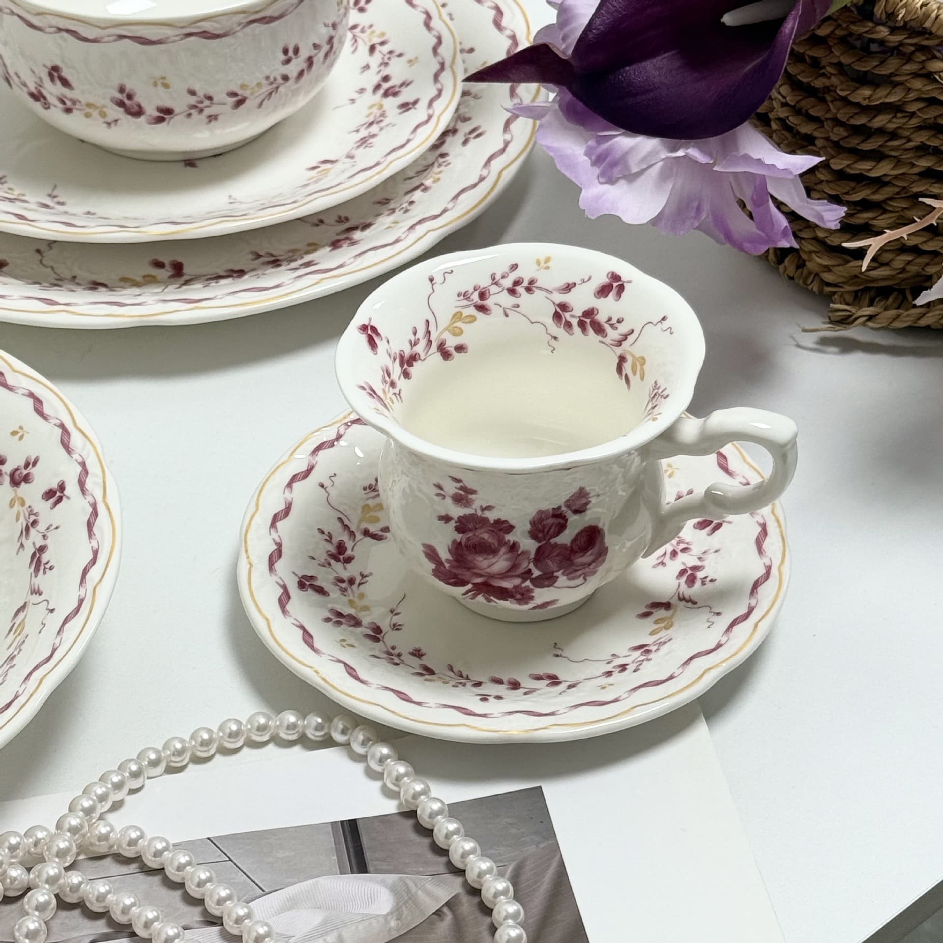 French Vintage Style Embossed Cup and Saucer Ceramic Cup and Saucer Afternoon Tea Dessert Plate Latte Art Cup