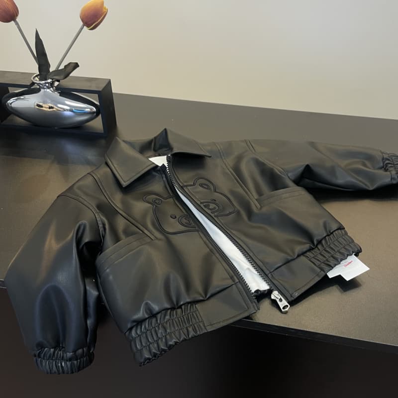 Children's Faux Leather Jacket 2026 Spring Autumn Korean Style Casual Toddler Boys Girls Little Bear Leather Jacket Top 3013
