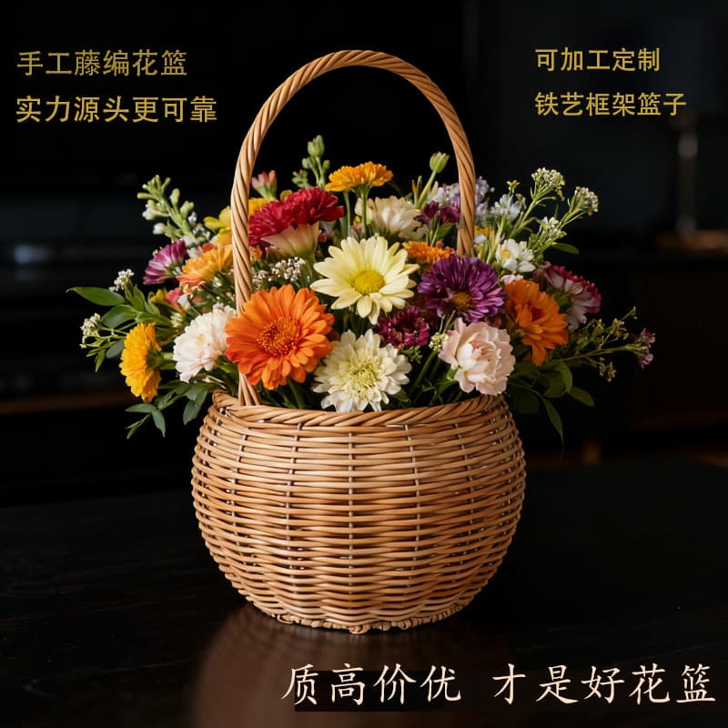 Rattan Handled Flower Basket, Flower Arrangement Woven Basket, Floral Basket, Green Plant Ornament, Iron Shaped Opening Ceremony Handled Flower Basket
