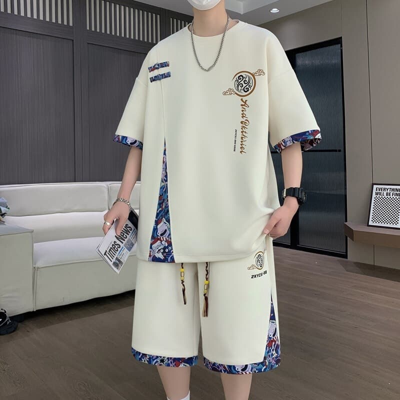 2026 Summer Men's Sport Suit Ice Silk Short Sleeve T-Shirt and Casual Shorts Set Youth Trendy New Chinese Style