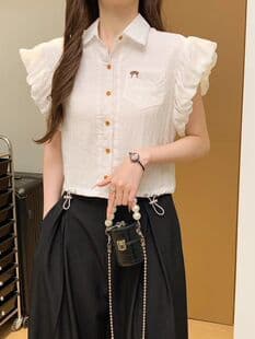 French Bow Beautiful Embroidered White Blouse for Women, New Summer Design with Drawstring, Cropped Flutter Sleeve Top