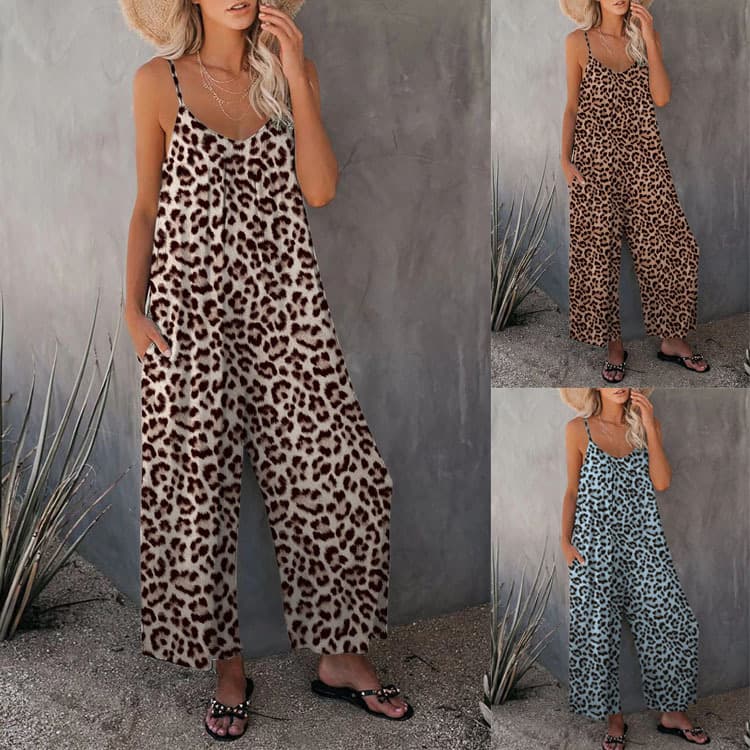 2026 Summer New Women's Casual Sleeveless Jumpsuit Amazon Leopard Print Pocket Loose Strap Jumpsuit