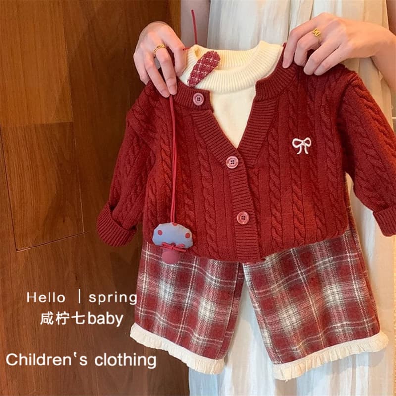 Tian Xiaosi Girls' Faux Two-Piece Sweater Preppy Style 2025 New Autumn Winter Toddler Baby Girl Knit Sweater Korean