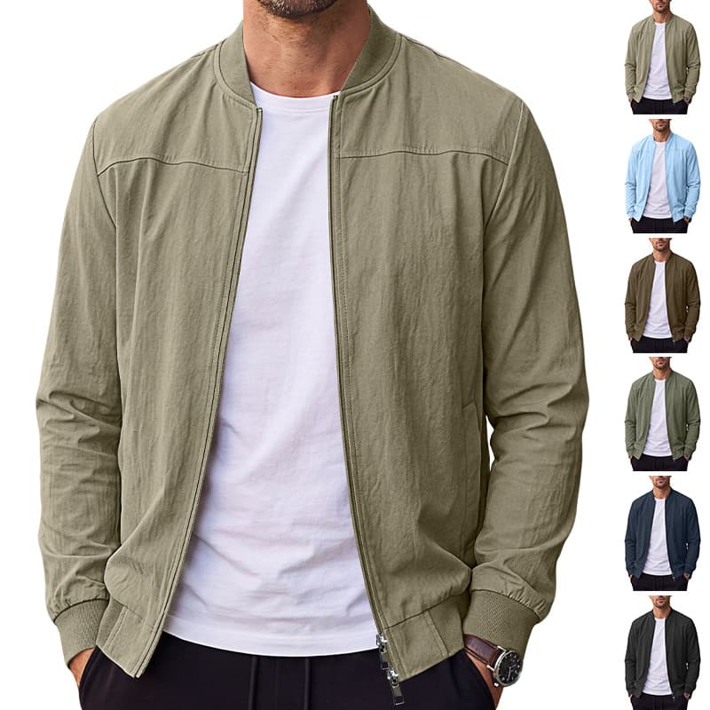 Cross-border independent station American men's solid color zipper side pocket baseball jacket TK outdoor cotton imitation linen flight jacket