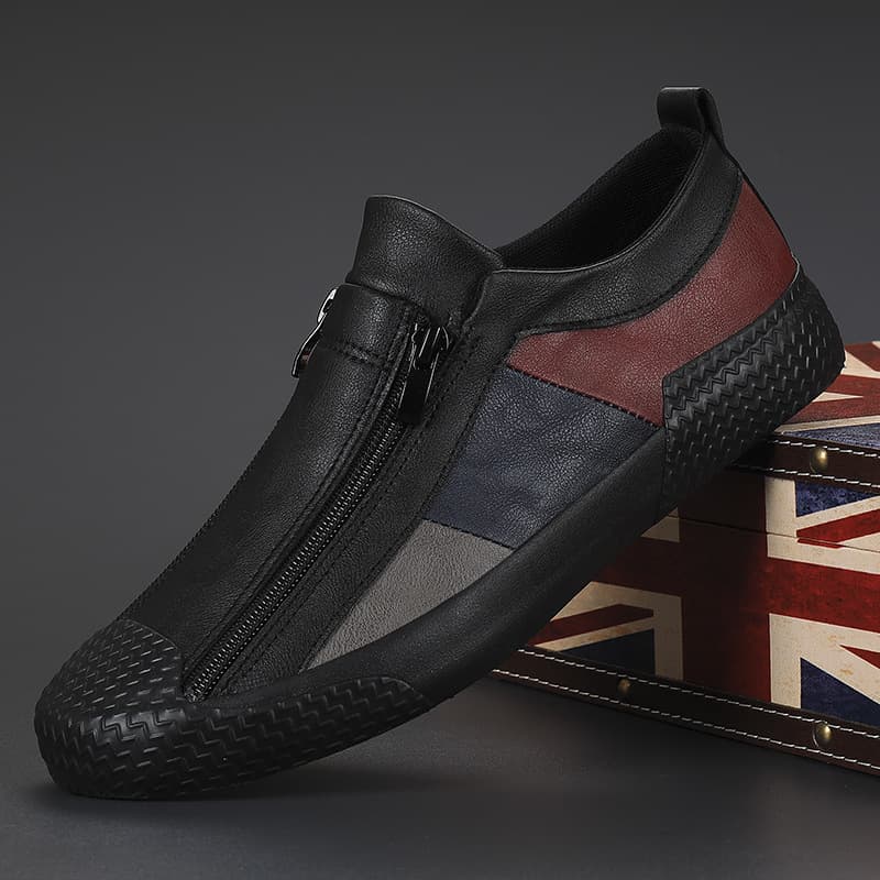 Men's Korean-style Casual Shoes Slip-on Loafers Zipper Leather Shoes Color-blocked Flat Shoes