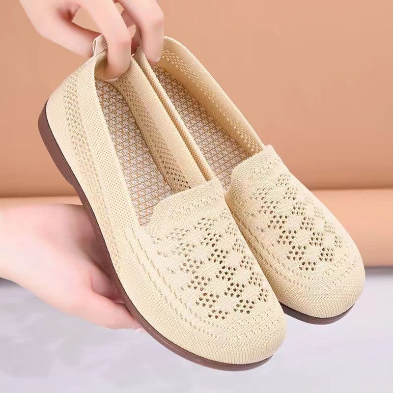 Women's Summer Flat Shoes, Wide Feet, Low Heel, Wear-Resistant, Grandma Shoes, Low-Top Knitted Mesh, Beijing Old-Style Shoes, Hollowed-Out Mother Shoes, Comfortable