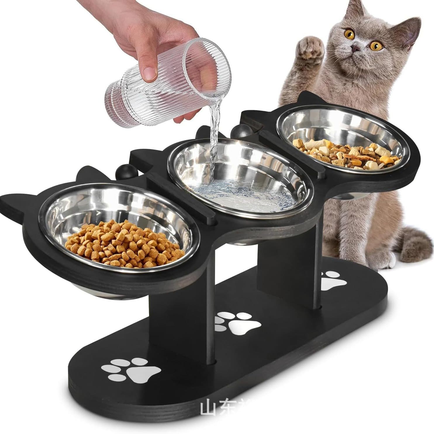 Wooden pet feeder, adjustable dog food rack, water bowl rack, upright cat feeder, wooden pet food stand.